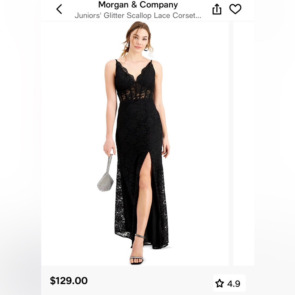 Morgan & Co Juniors' Glitter Scallop Lace Corset Gown Black Dress
